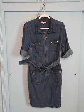 NWOT Denim Midi Shirt Dress with Belt - Dark Blue